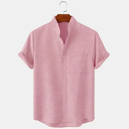 Momount Men Linen Shirt – Short Sleeve Band Collar Chest Pocket Summer