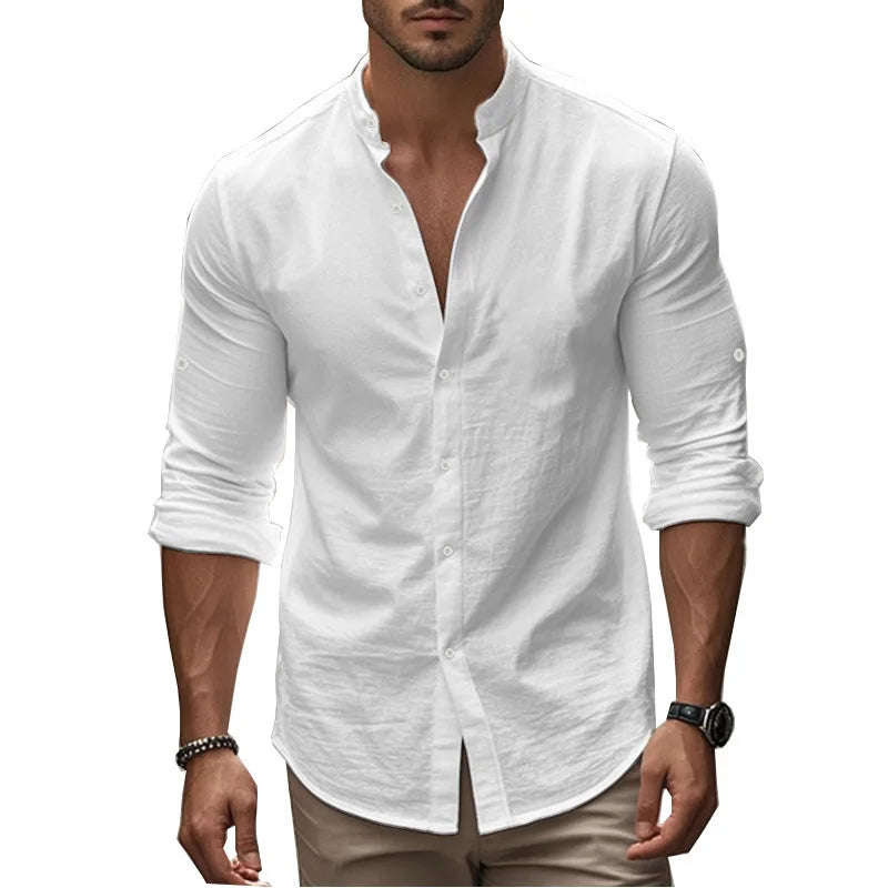 Momount Men Linen Shirt – Long Sleeve Slim Fit Band Collar Classic