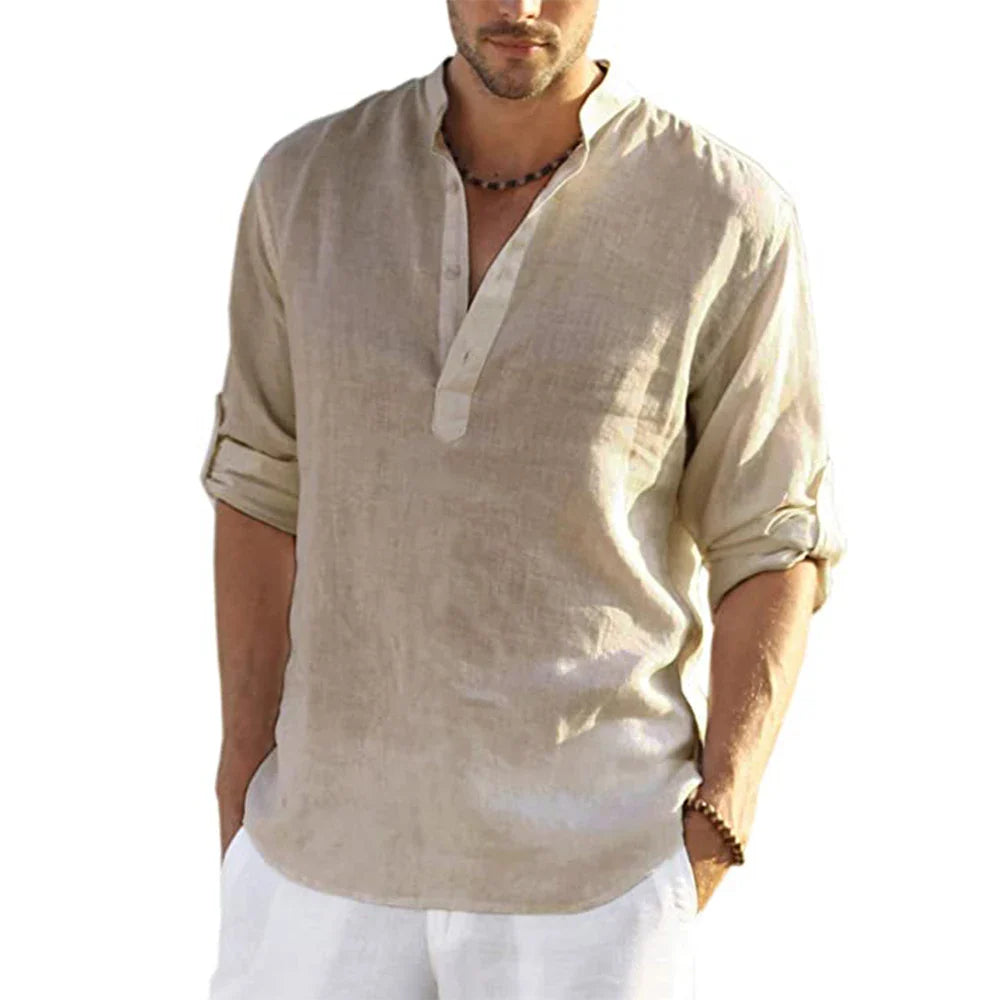 Momount Men Linen Henley Shirt – Long Sleeve Band Collar Casual