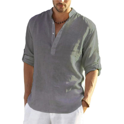 Momount Men Linen Henley Shirt – Long Sleeve Band Collar Casual