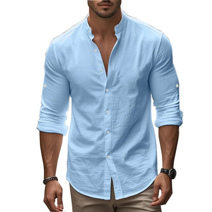 Momount Men Linen Shirt – Long Sleeve Slim Fit Band Collar Classic