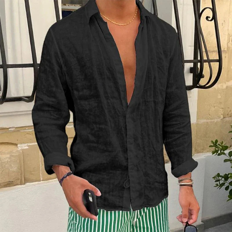 Momount Men Linen Shirt – Long Sleeve Relaxed Fit Summer Casual