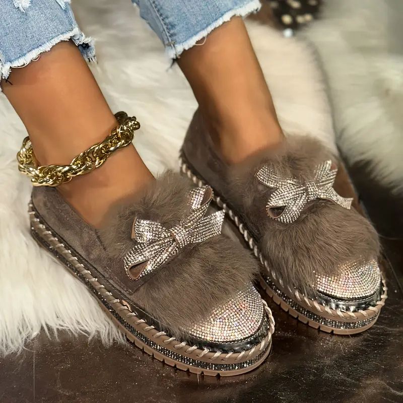 Momount Women Faux Fur Loafers – Crystal Bow Rhinestone Toe Plush Slip-On