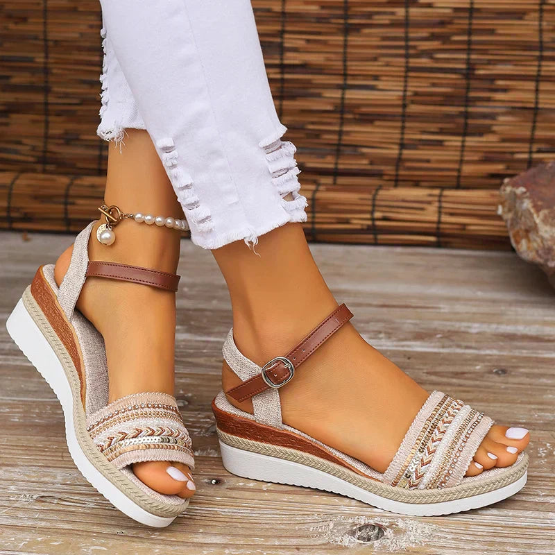 Momount Women Wedge Sandals Comfort Platform Slingback Buckle Strap Casual Summer Cushioned Support Braided Design