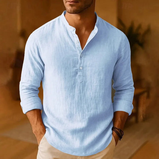 Momount Men Linen Henley Shirt – Long Sleeve Band Collar Breathable Casual