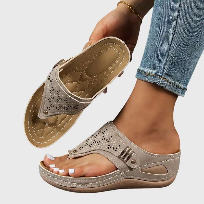 Momount Women Thong Wedge Slides – Leather Laser-Cut Toe-Post Quilted Footbed