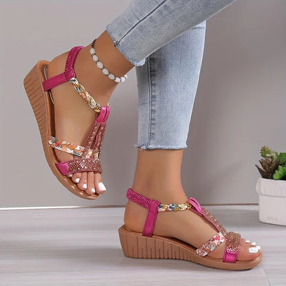 Momount Women Wedge Sandals – Fuchsia Floral Rhinestone Braided Boho