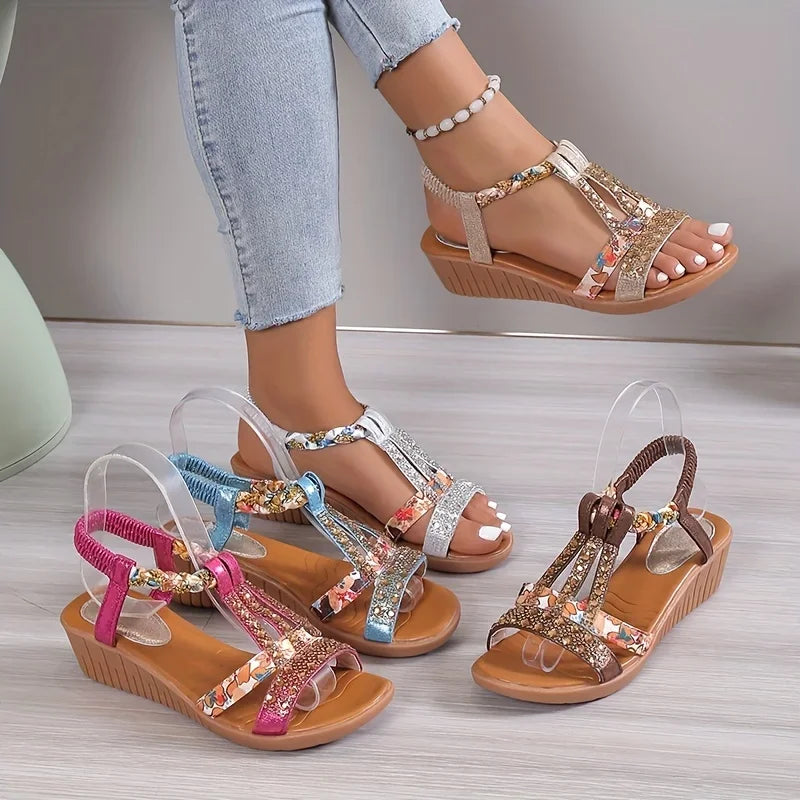 Momount Women Wedge Sandals – Fuchsia Floral Rhinestone Braided Boho