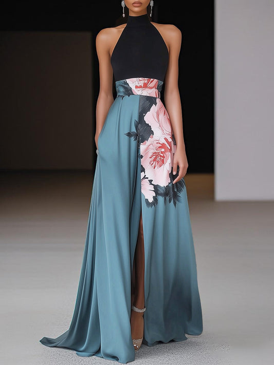 Evangelista | Elegant Floral Halter High Slit Summer Maxi Dress