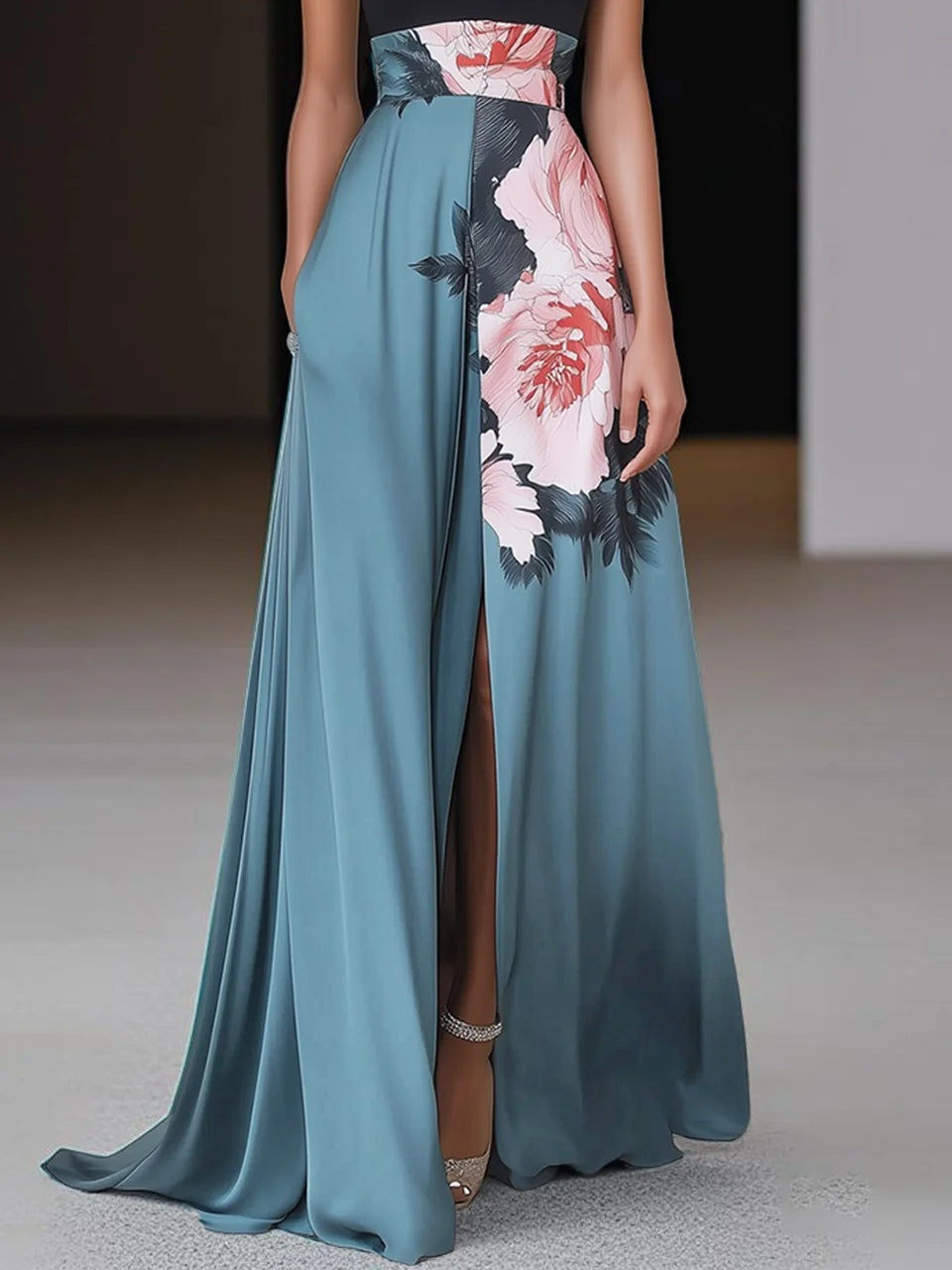 Evangelista | Elegant Floral Halter High Slit Summer Maxi Dress