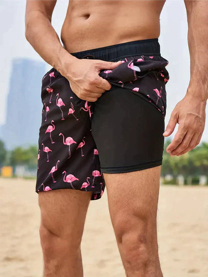 Momount Men Swim Shorts – Palm Print Drawstring Mesh Liner Quick Dry