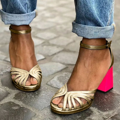 Momount Women Heeled Sandals Metallic Strappy Block Heel Ankle Strap Open Toe Evening Party Style