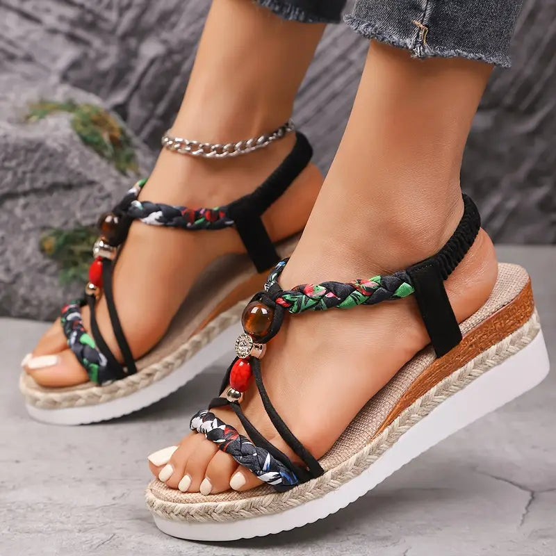 Momount Women Espadrille Wedge Sandals – Boho Braided Beaded Rhinestone