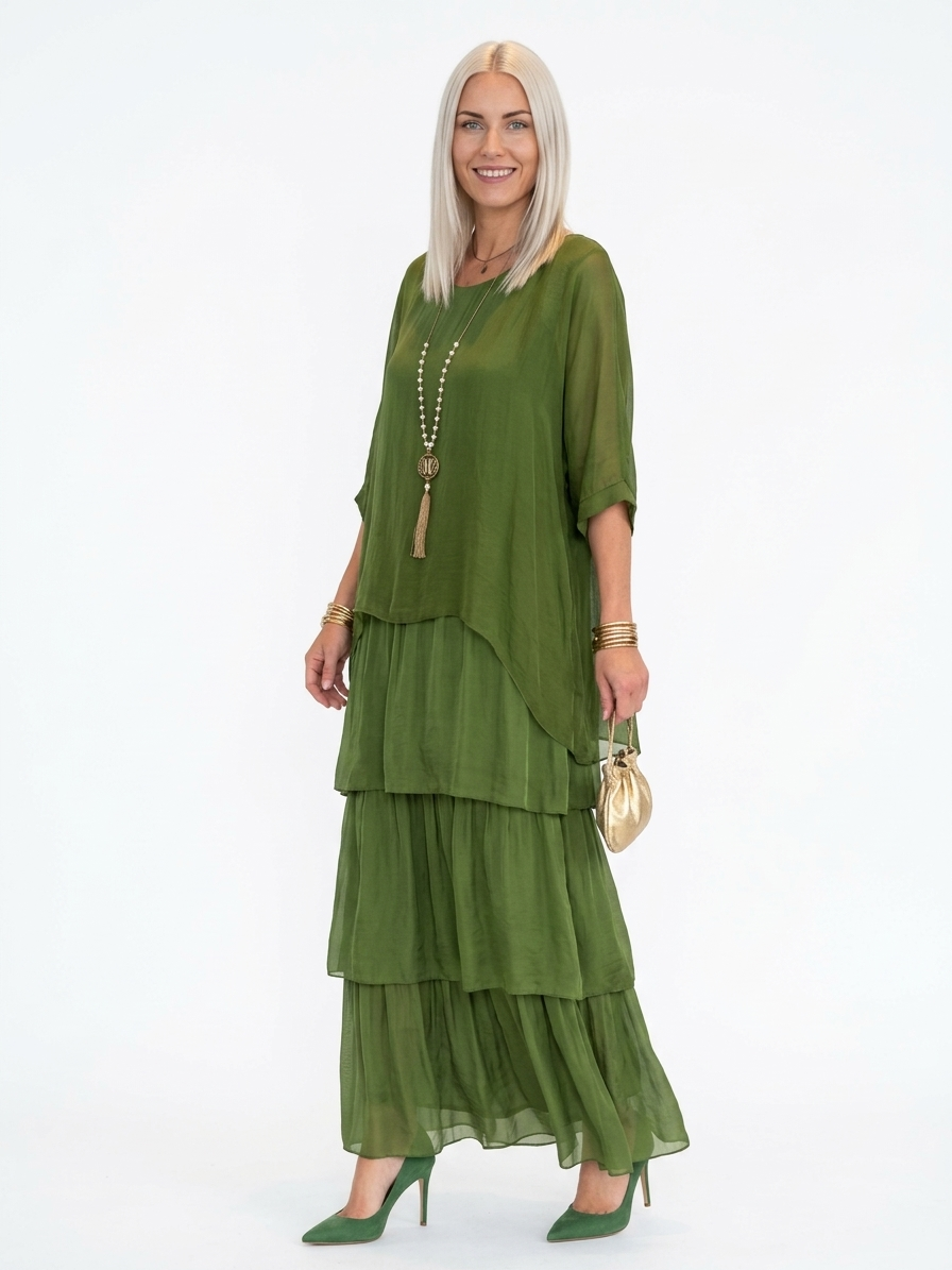 Caroline Maxi Dress | Bat Sleeves, Ruffled Skirt, Relaxed - Green - 3/4