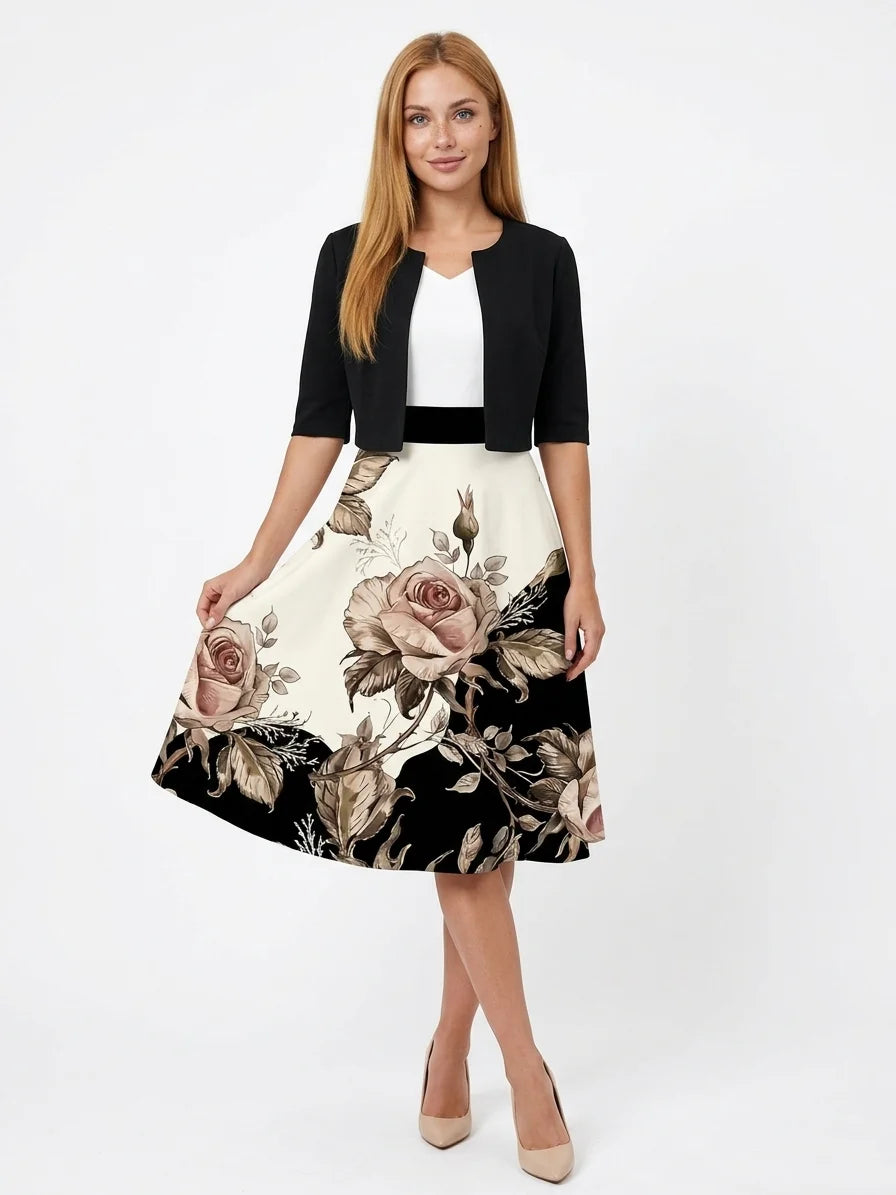Momount Women's Floral Midi Dress – 2 Piece Set Elegant A-line Jacket Momount Women's Floral Midi Dress – 2 Piece Set Elegant A-line Jacket