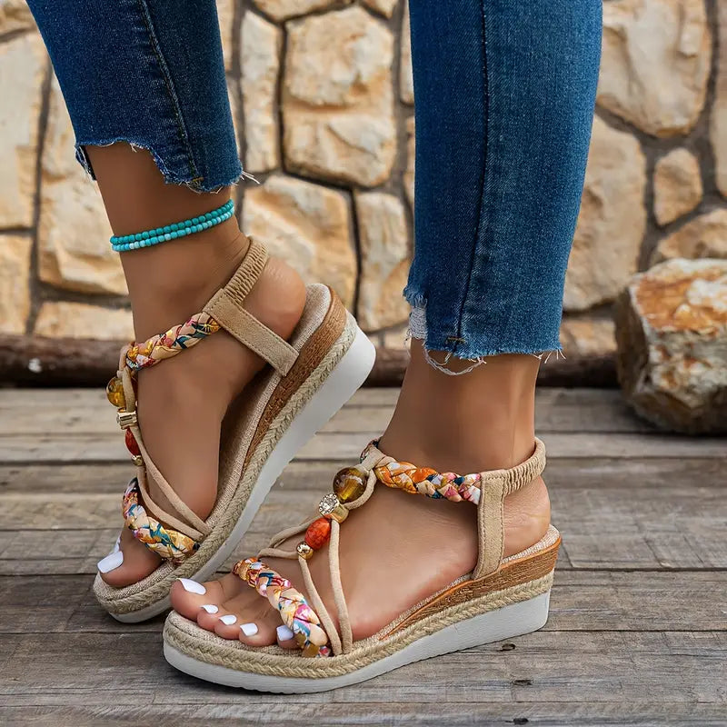 Momount Women Espadrille Wedge Sandals – Boho Braided Beaded Rhinestone