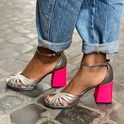 Momount Women Block Heel Sandals – Pewter Caged Ankle Strap Open-Toe