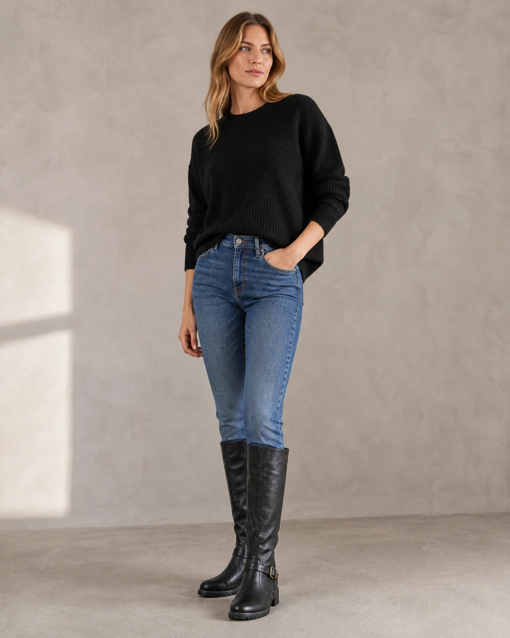 Women's black buckle-strap knee-high riding boots, hero view.