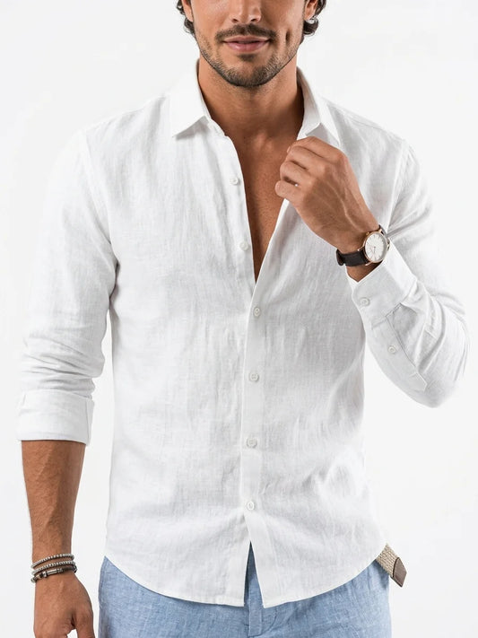 Momount Men Linen Shirt – Long Sleeve Turn Down Collar Summer Casual - White - closeup