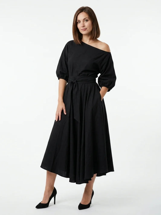 Ameliana | Elegant Off Shoulder Belted Summer Midi Dress - Black - front