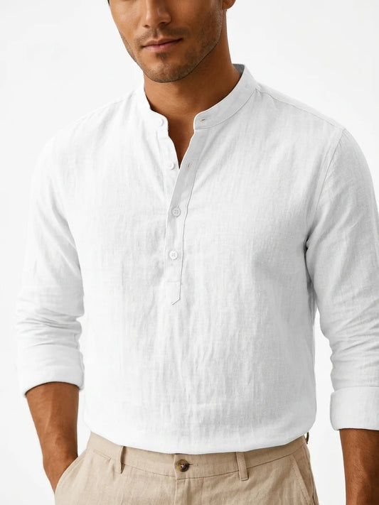 Momount Men Linen Henley Shirt – Long Sleeve Band Collar Breathable Casual - White - closeup