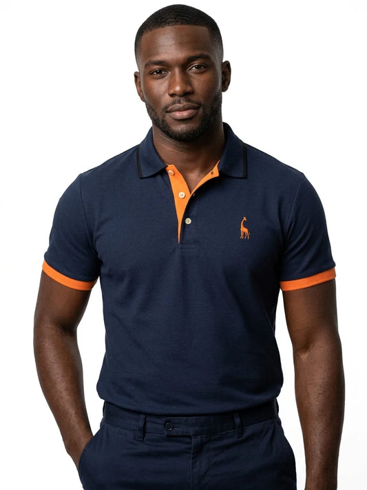 Momount Men Polo Shirt – Contrast Collar Embroidered Logo Short Sleeve - Darkblue - closeup