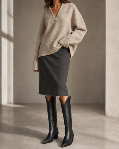 Pointed Knee-High Western Boots, black silhouette. — calista-black-02-complete-silhouette.webp