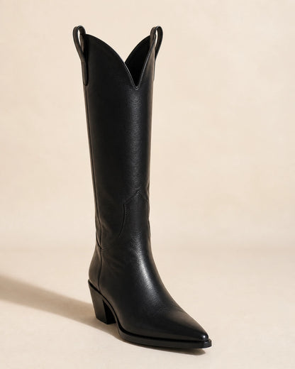 Pointed Knee-High Western Boots, black detail. — calista-black-05-material-detail.webp