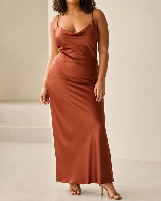Women's brown satin cowl-neck maxi dress, worn product-first view