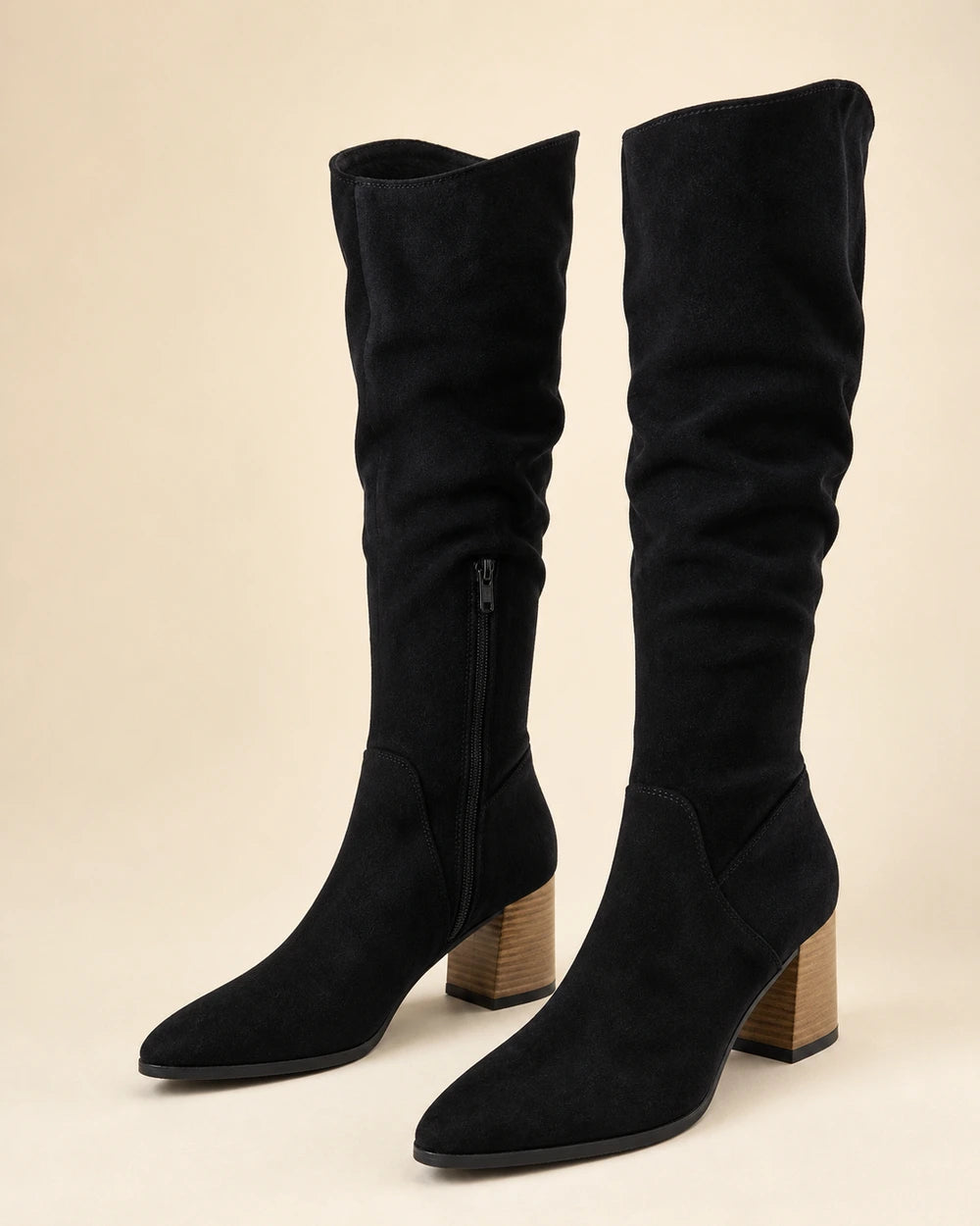 Women's black suede-effect knee-high boots, product-only pair.