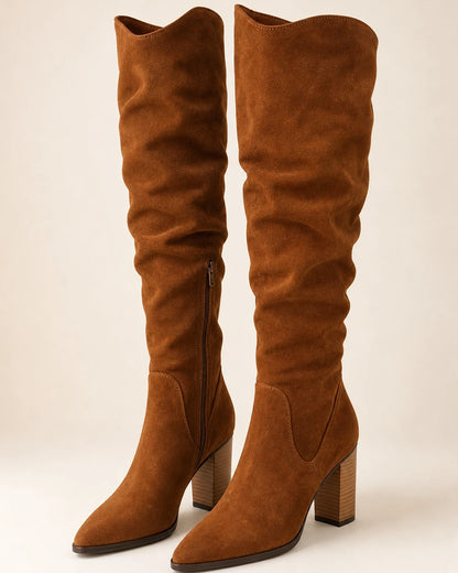 Women's brown suede-effect knee-high boots, full silhouette.