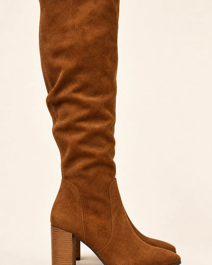 Women's brown suede-effect knee-high boots, lateral profile.