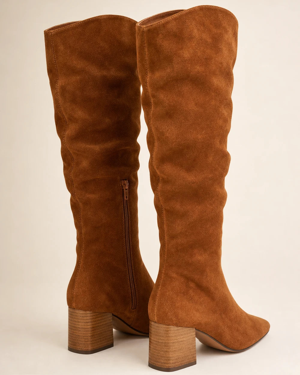 Women's brown suede-effect knee-high boots, rear three-quarter view.
