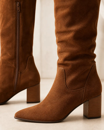 Brown suede-effect boot showing the side zip, almond toe and wood-effect block heel.