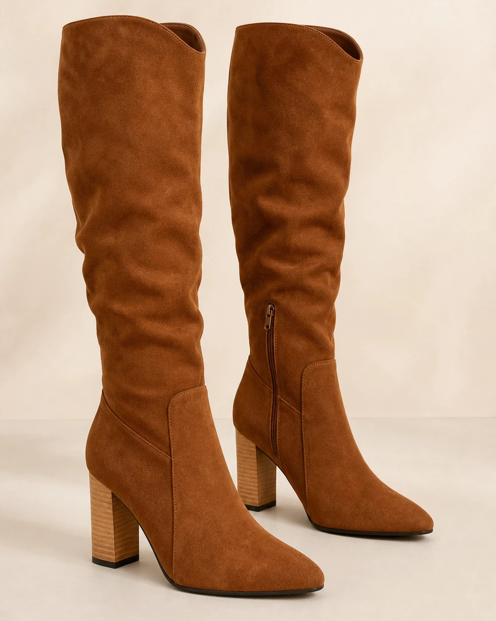 Women's brown suede-effect knee-high boots, product-only pair.
