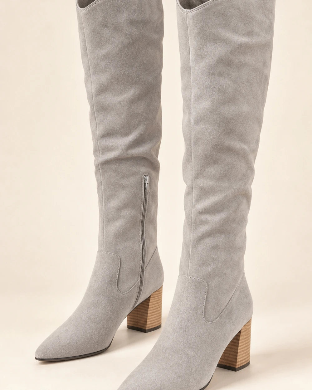 Women's light-grey suede-effect knee-high boots, product-only pair.