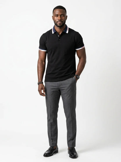Momount Men Polo Shirt – Contrast Collar Striped Cuff Short Sleeve - Black - front