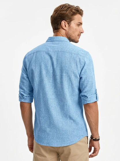 Momount Men Linen Shirt – Long Sleeve Popover Button Placket Casual - Sky Blue - back