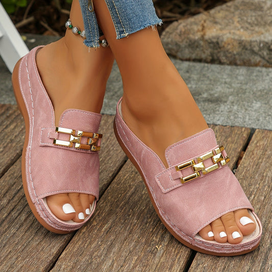 Momount Women Slide Sandals – Suede Gold Chain Accent Low Wedge