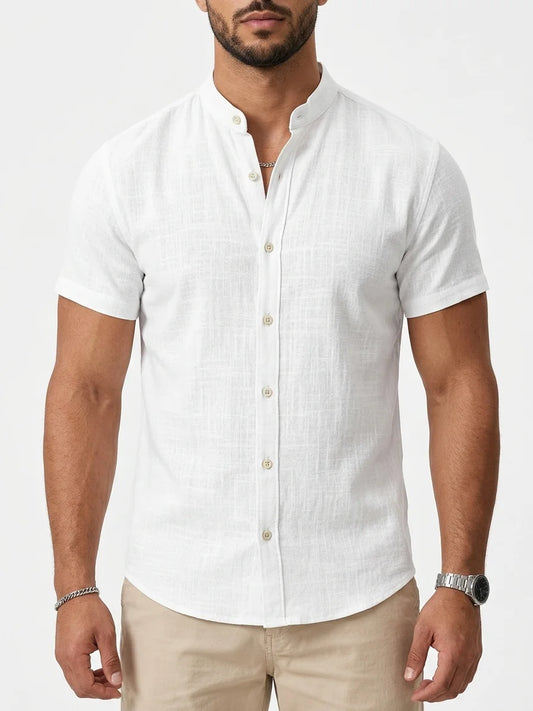 Momount Men Linen Shirt – Short Sleeve Band Collar Button Up Summer - White - closeup