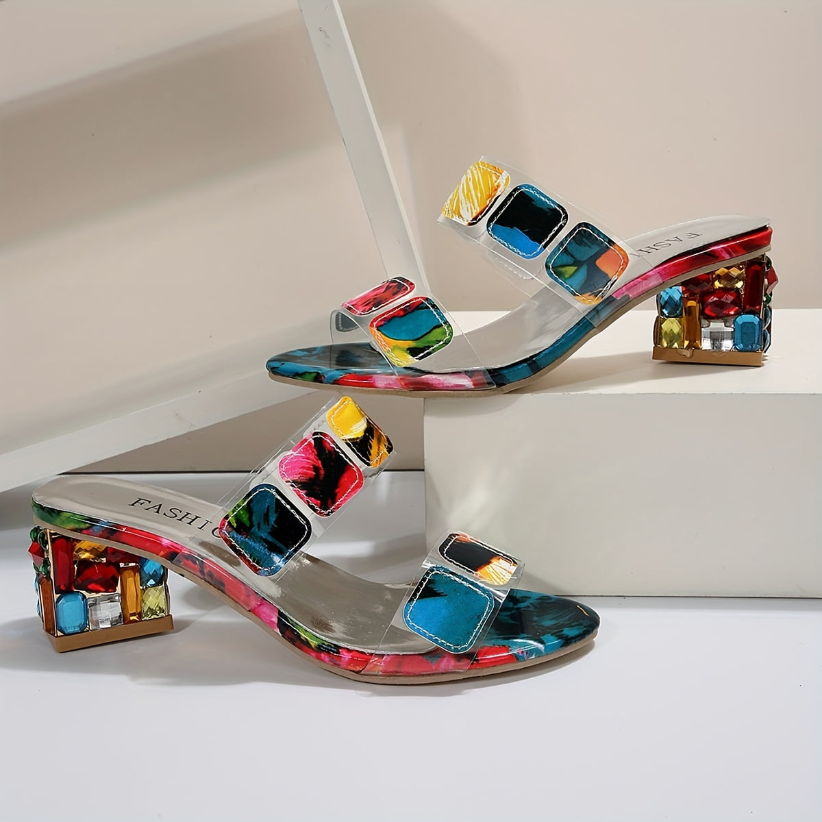 Thessaly | Clear Square Gem Block Heel Sandals