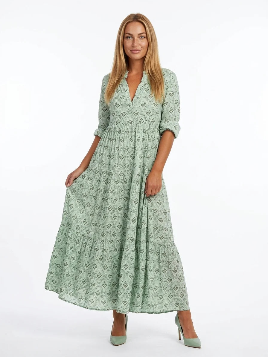 Willow Boho Maxi Dress | All-Over Print, Tassel Detail - Light Green - front