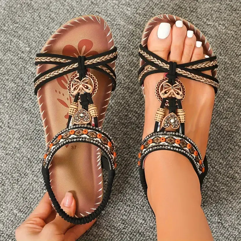Momount Women Slingback Sandals – Teal Boho Beaded Rhinestone Flat