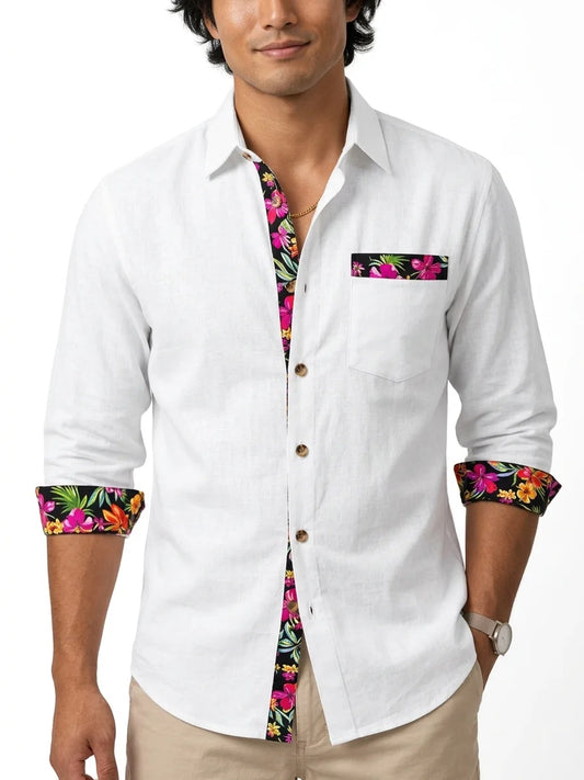 Momount Men Linen Shirt – Long Sleeve Floral Contrast Trim Hawaiian Casual - White - closeup