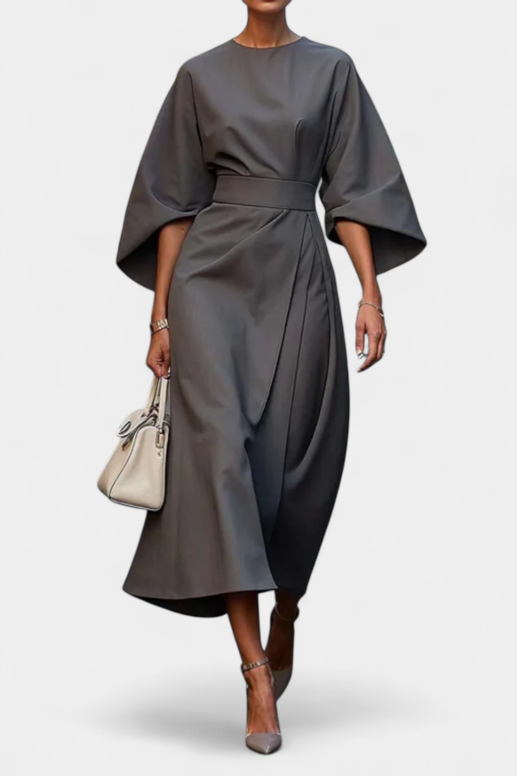 Momount Women’s Work Midi Dress – Belted Loose Fit Wide Sleeve Elegant Office Dress