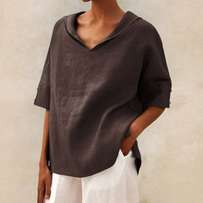 Momount Women Linen Shirt – V Neck Lapel Collar Oversized Summer