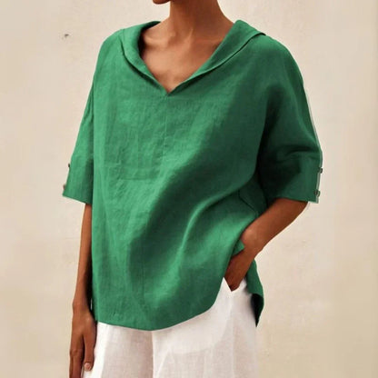 Momount Women Linen Shirt – V Neck Lapel Collar Oversized Summer