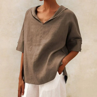 Momount Women Linen Shirt – V Neck Lapel Collar Oversized Summer