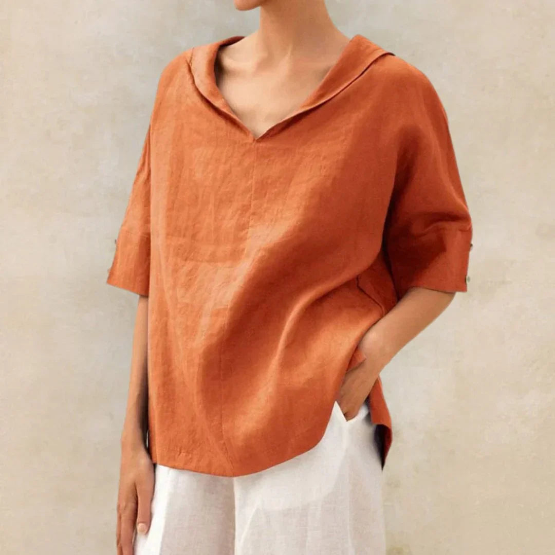 Momount Women Linen Shirt – V Neck Lapel Collar Oversized Summer