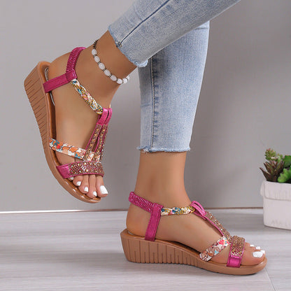 Momount Women Wedge Sandals – Boho Rhinestone Braided T-Strap Summer
